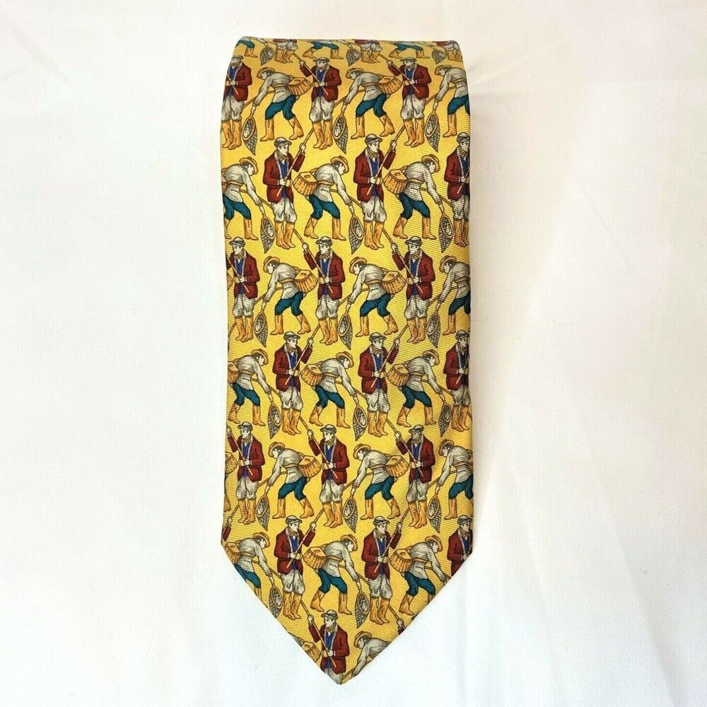 Brooks Brother Yellow 58" Neck Tie 100% Silk Fisherman Print Career Corporate